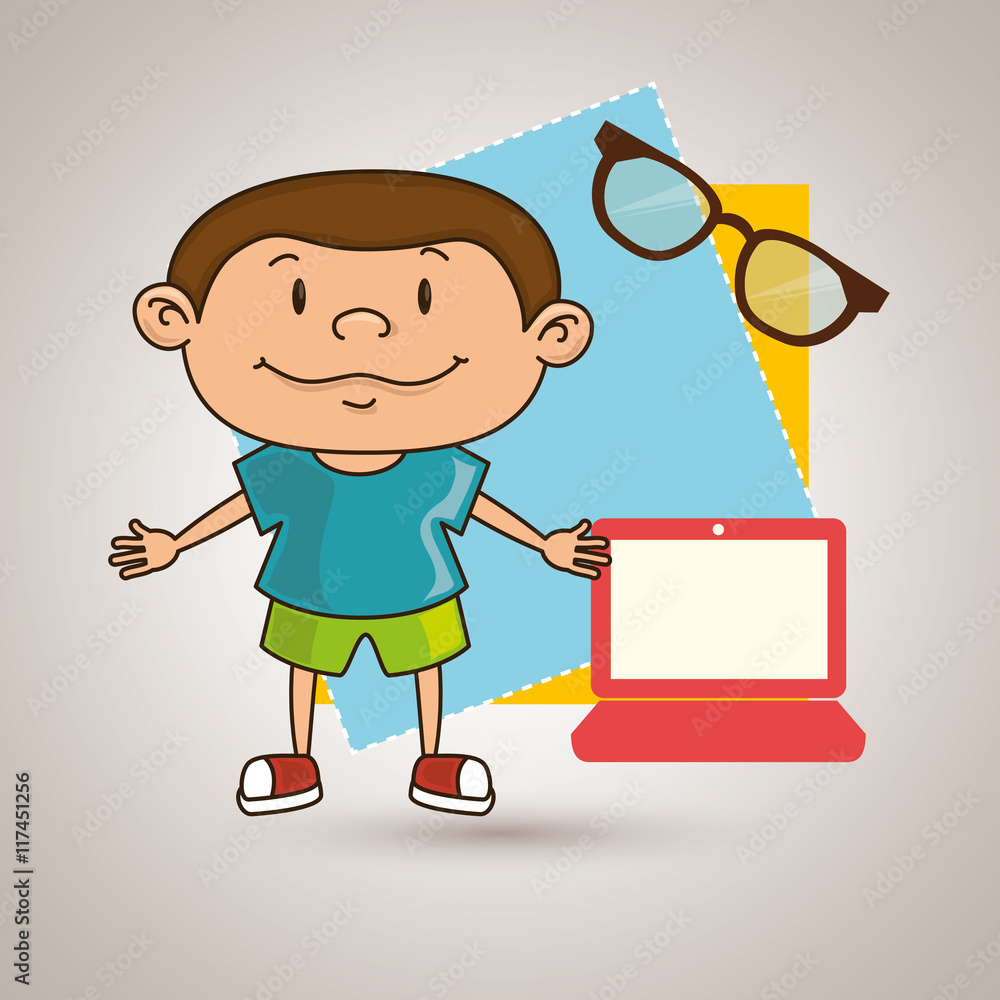 kid with laptop computer and glasses  isolated icon design