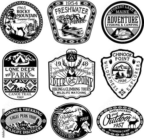 Black and white vintage mountain badges, vector badge and patches collection for t-shirt print, embroidery, sticker