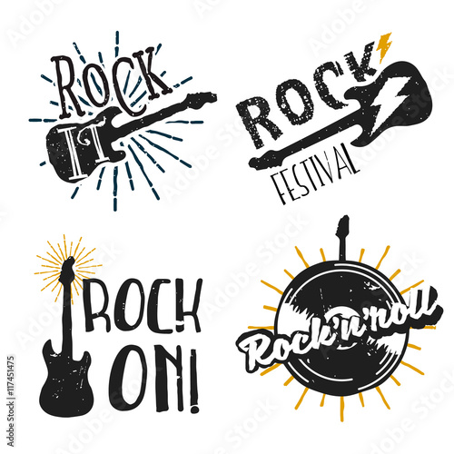 Set of rock themed logos, icons, badges, labels, signs with design elements: electric guitar, lighting, sunburst, vinyl record. Rock on, rock it!