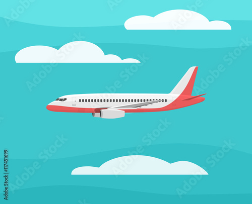 Airplane flies in the sky. Side view. Cartoon vector illustration