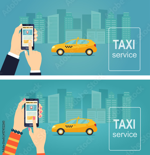 Taxi service. Uber. Smartphone and touchscreen, city skyscrapers. Banner. Vector flat illustration.