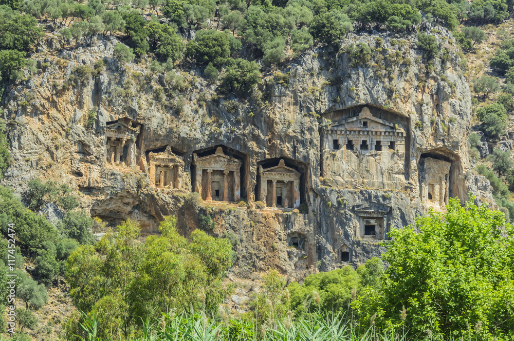 Turkey, Dalyan, Lycian rock tombs of the ancient city Kaunos Turkey, Dalyan, Lycian rock tombs of the ancient city Kaunos