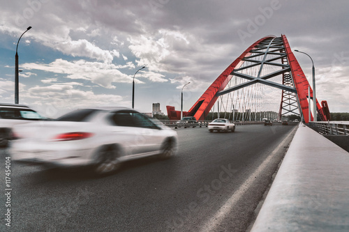 On Bridge/Cars driving on Bugrinsky Bridge, Novosibirsk, Russia