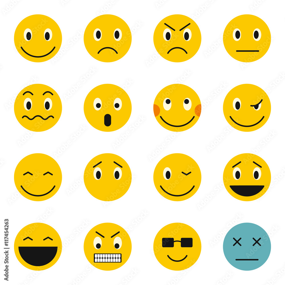 Flat emoticon icons set. Universal emoticon icons to use for web and mobile UI, set of basic emoticon elements isolated vector illustration Flat emoticon icons set. Universal emoticon icons to use for web and mobile UI, set of basic emoticon elements isolated vector illustration