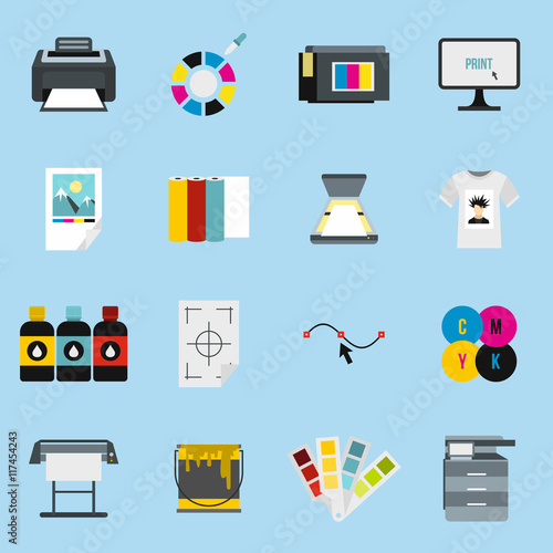 Flat printing icons set. Universal printing icons to use for web and mobile UI, set of basic printing elements isolated vector illustration