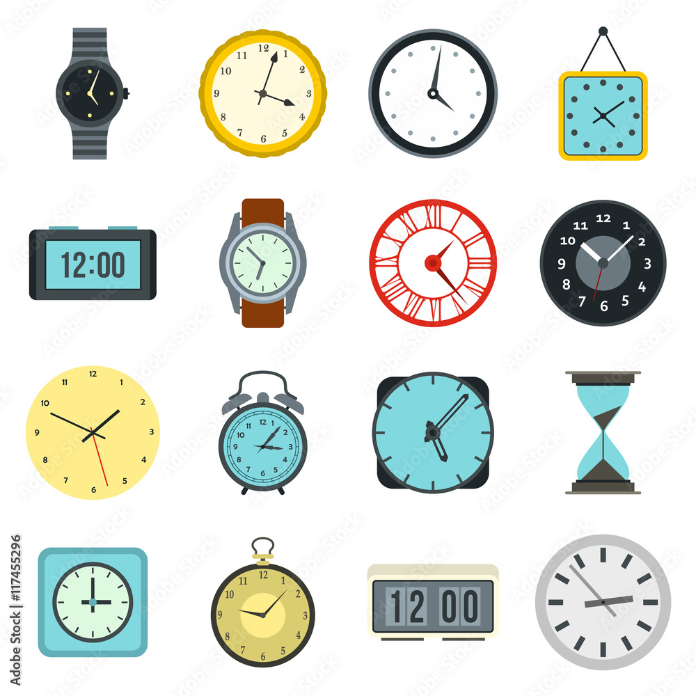 Flat clock icons set. Universal clock icons to use for web and mobile