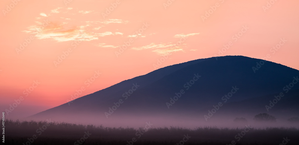 Beautiful landscape of distant hills on morning light