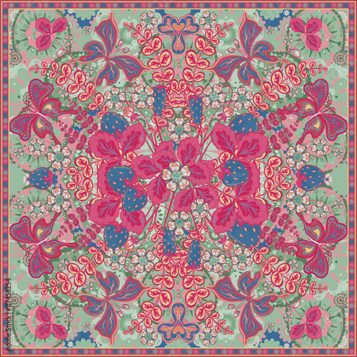 Fototapeta Naklejka Na Ścianę i Meble -  Decorative color floral background, strawberry pattern and ornate lace frame. Bandanna shawl fabric print, silk neck scarf, kerchief design, vector illustration. Tribal ethnic round decoration