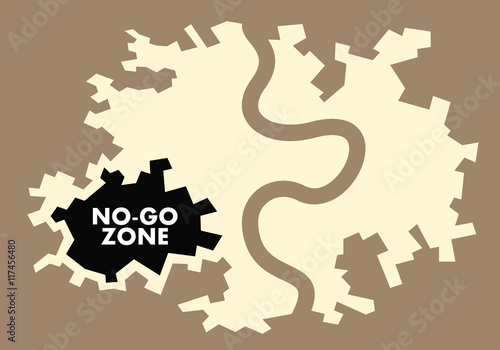 No-Go Zone - plan of city with highlighted suburban area. Excluded territory with social problems: marginalization, violence, criminality, deliquency, extremism, radicalism, vandalism and drugs