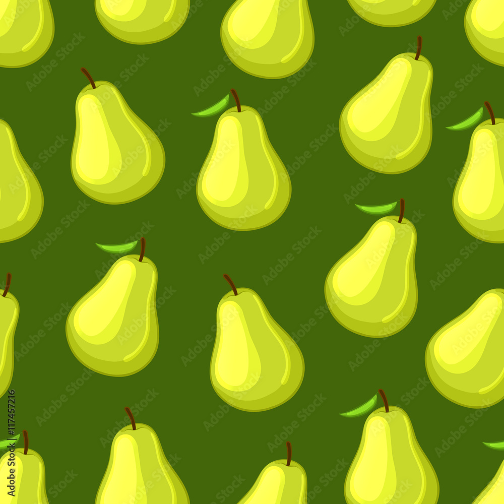 Cartoon pear on a green background. Bright seamless pattern. Vector illustration. Cartoon pear on a green background. Bright seamless pattern. Vector illustration.
