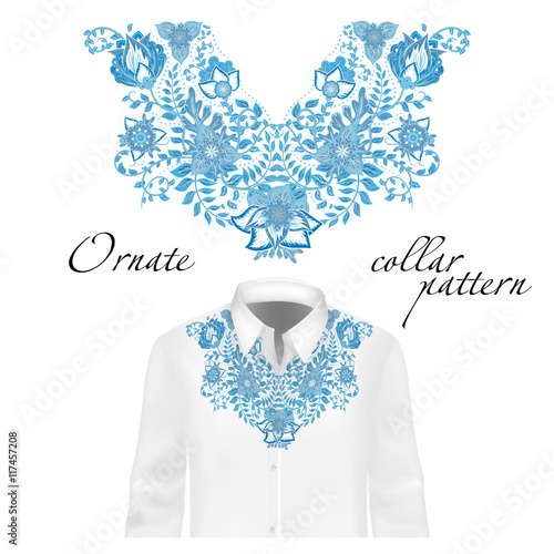Vector design for collar shirts, blouses. Colorful ethnic flowers neck.