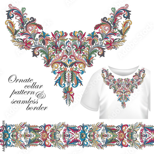 Neckline embroidery fashion, print, decor, lace, paisley, stock vector. Luxury flowers collar designe