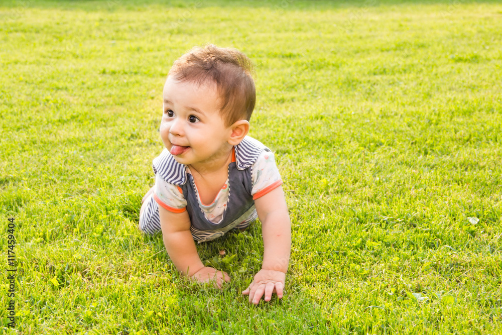little baby learning to crawl on the grass a Sunny summer day. the concept of children's development months. happy child playing Playground. funny cute character face, happy kid stuck showing tongue little baby learning to crawl on the grass a Sunny summer day. the concept of children's development months. happy child playing Playground. funny cute character face, happy kid stuck showing tongue