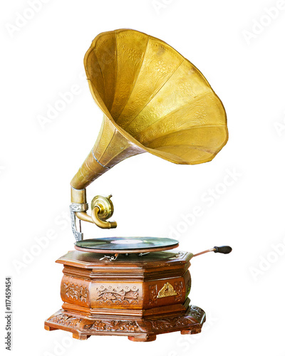 Golden gramophone isolated on white. Clipping path included photo