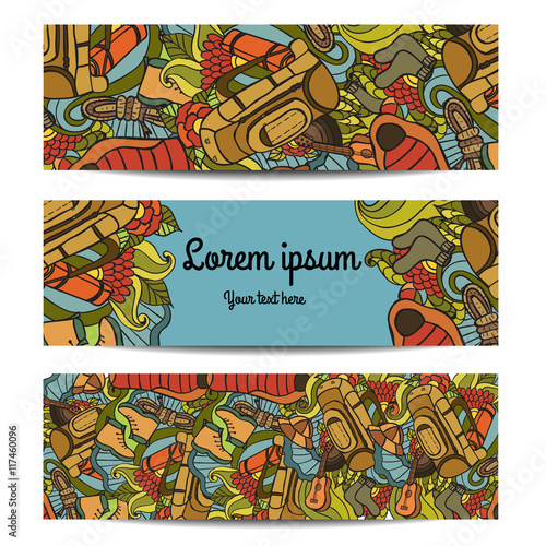 Three vector banners with Recreation. Tourism and camping in doodle style.