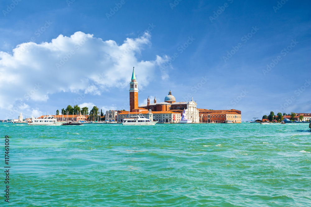 Saint Giorgio Maggiore Church, view from San Marco embankment. The church with a tower on the island. Venice, Italy.