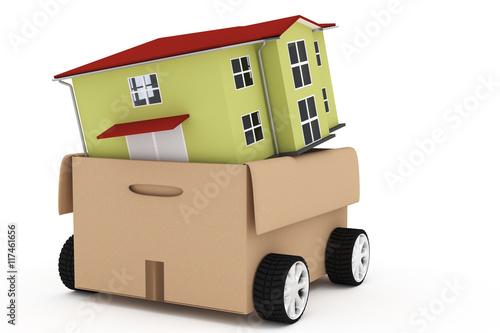 House in a box with wheels, 3D-illustration