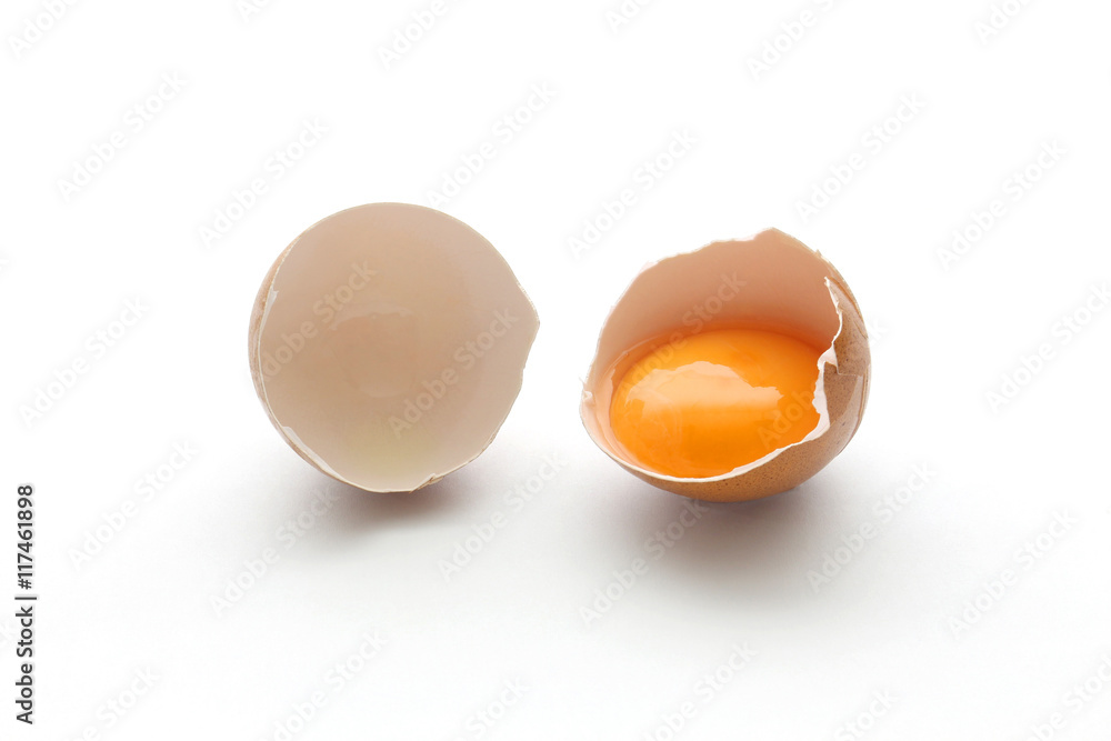 close up broken egg isolated on white background