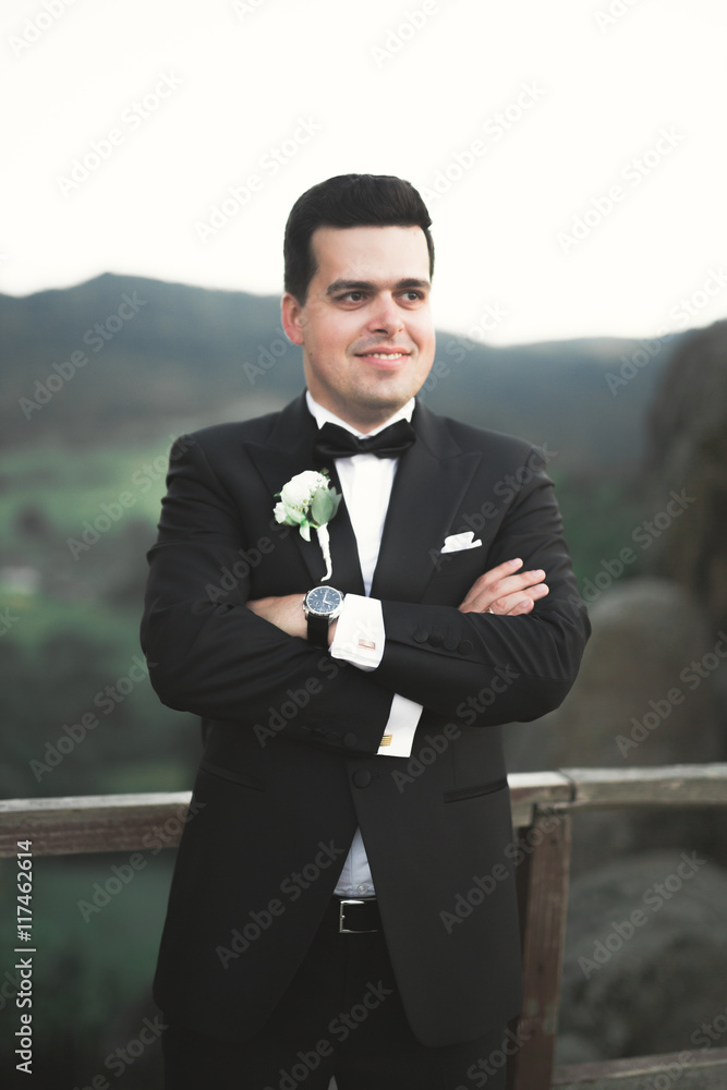 Stylish man, groom posing on the background of mountains Stylish man, groom posing on the background of mountains