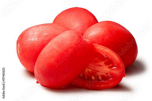 Whole peeled tomatoes, one fruit halved, paths