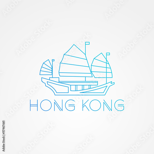 Tourist junk the symbol of gonkong harbour. Modern linear minimalist icon. One line concept