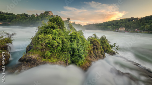 River flowing around rock and plants 