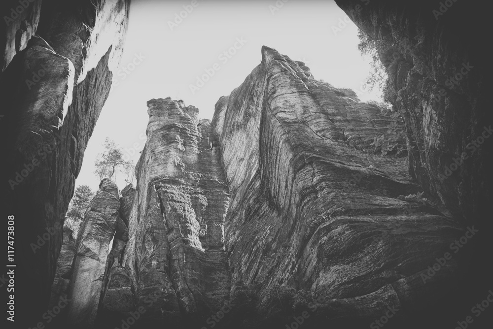 Rock Town, National Park of Adrspach-Teplice in Czech Republic, black and white