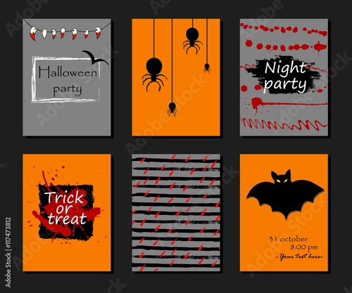 Halloween party invitation, greeting card, flyer, banner, poster templates. Hand drawn traditional symbols, cute design elements, handwritten ink lettering. Vector collection. Isolated.