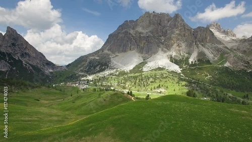 AERIAL VIEW: flight over Passo Falzarego. Italian Dolomites alps