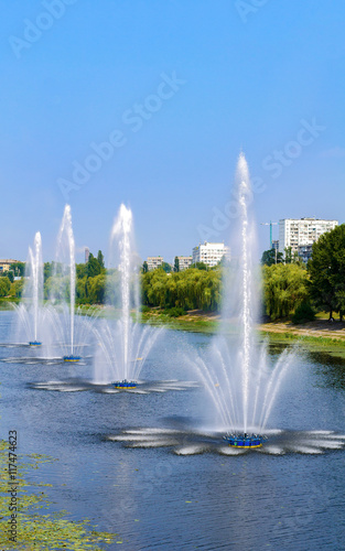 Fountains in Kiev District Rusanovka fountains panorama. Kiev Uk