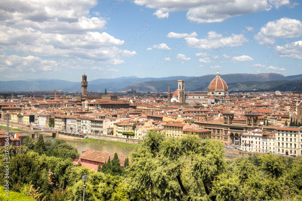 Magnificent view over the historical center of Florence in Italy. The photo is taken from piazzale Michelangelo and shows the Arno river, the Duomo and many other churches and buildings
