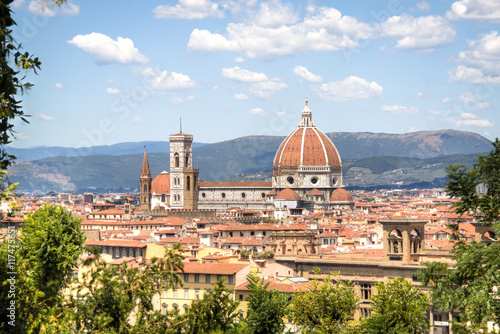 Magnificent view over the historical center of Florence in Italy. The photo is taken from piazzale Michelangelo and shows the Arno river, the Duomo and many other churches and buildings 