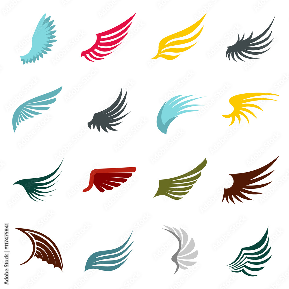 Flat wing icons set. Universal wing icons to use for web and mobile UI, set of basic wing elements isolated vector illustration Flat wing icons set. Universal wing icons to use for web and mobile UI, set of basic wing elements isolated vector illustration