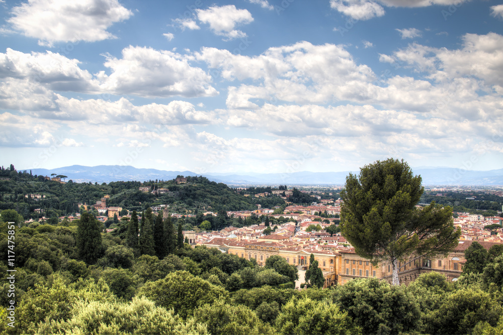 Tuscany landscape with some houses seen from piazzale Michelangelo in Florence, Italy
