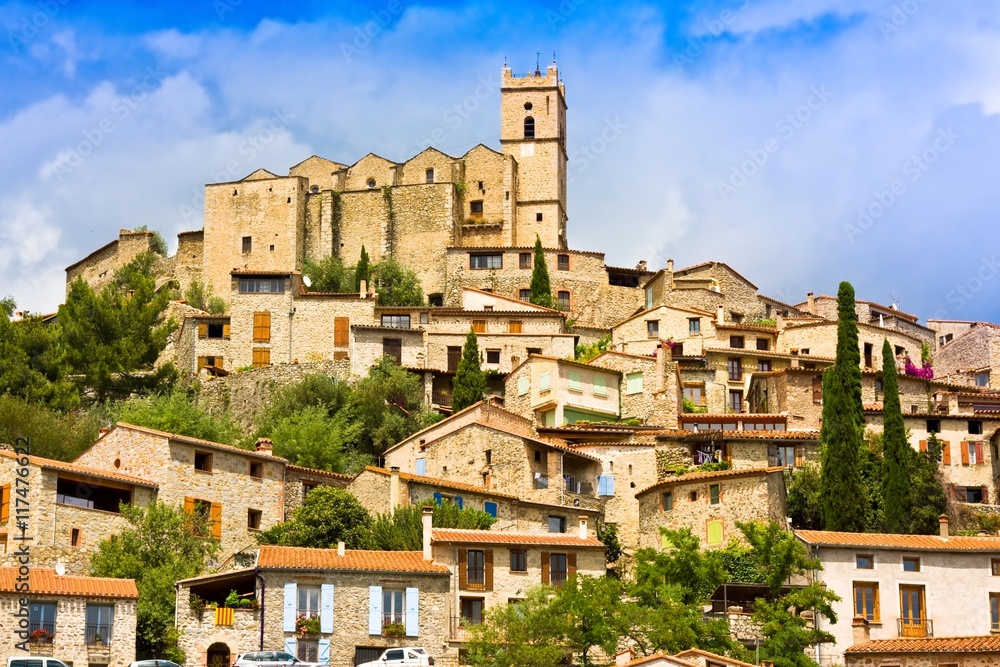 View of the village of Eus in Pyrenees-Orientales, Languedoc-Roussillon. Eus is listed as one of the 100 most beautiful villages in France

