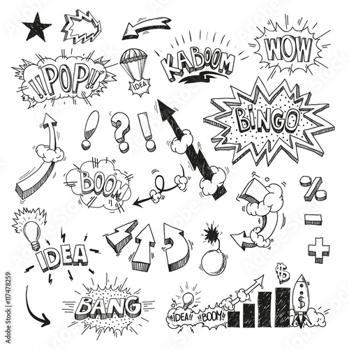 Set comic book explosion hand drawn, vector illustration