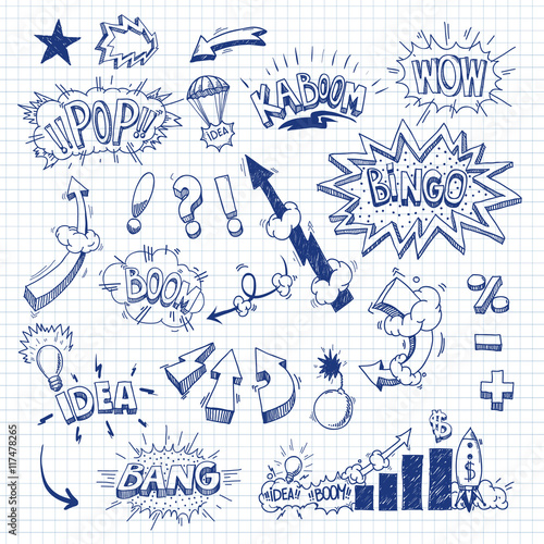 Set comic book explosion hand drawn, vector illustration