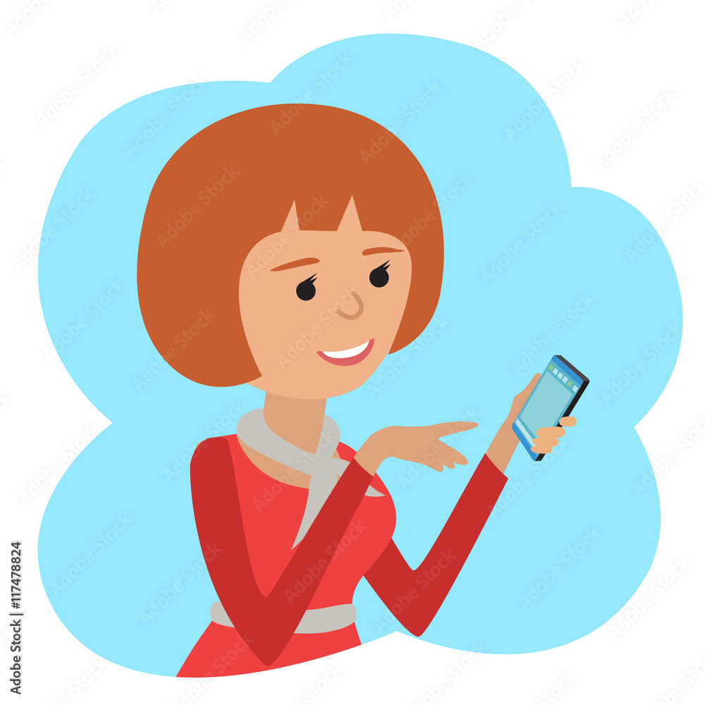 Vector illustration in flat style. Icon girl with smartphone in hand. Vector illustration in flat style. Icon girl with smartphone in hand.