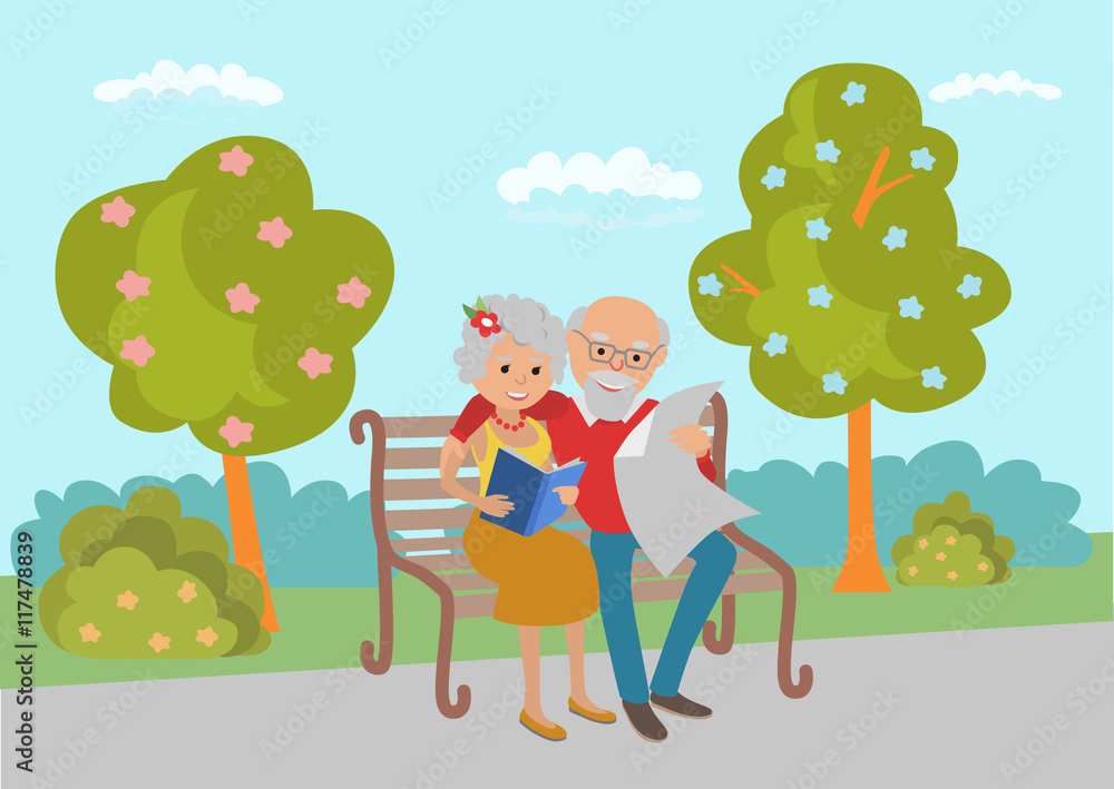 Elderly couple sitting on the park bench and read. Vector illustration in flat style. Elderly couple sitting on the park bench and read. Vector illustration in flat style.