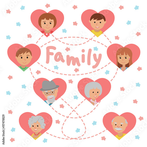 Set of vector colored icons faces family members. Grandparents parents and children on white background in hearts lettering © Tatiana_K