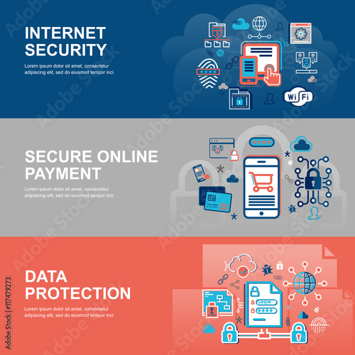 Modern flat thin line design vector illustration, infographic concept of internet security, network protection and secure online payments for graphic and web design