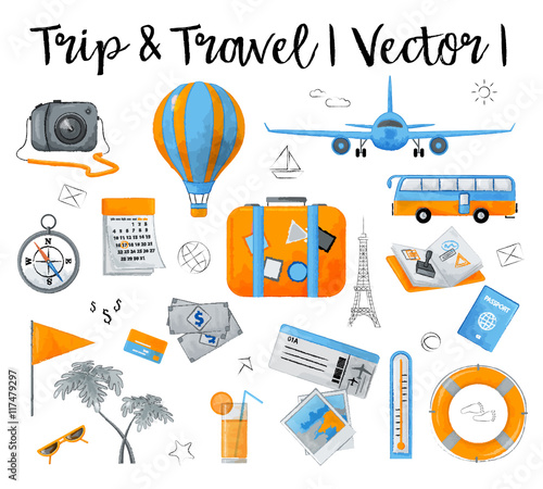 Watercolor design vector illustration, concept of travelling around the world, journey and trip to other countries, for graphic and web design