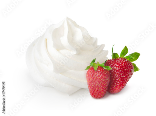 Photography White whipped cream isolated on a white background with strawberries