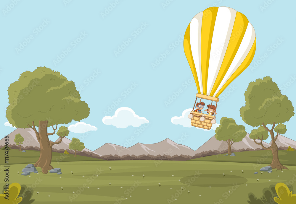 Obraz premium Cartoon kids inside a hot air balloon flying over a park. Nature landscape.