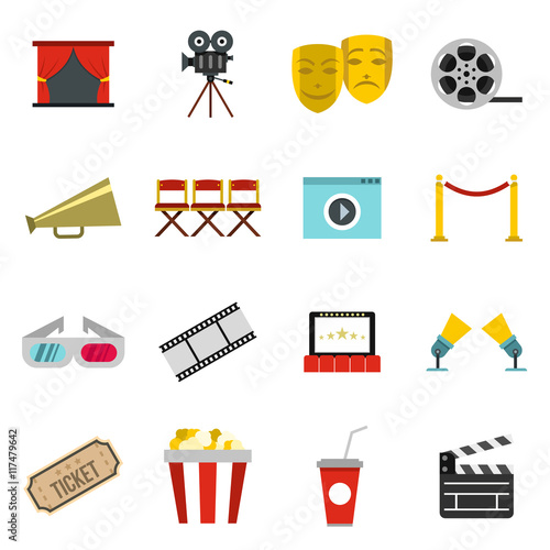 Flat cinema icons set. Universal cinema icons to use for web and mobile UI, set of basic cinema elements isolated vector illustration