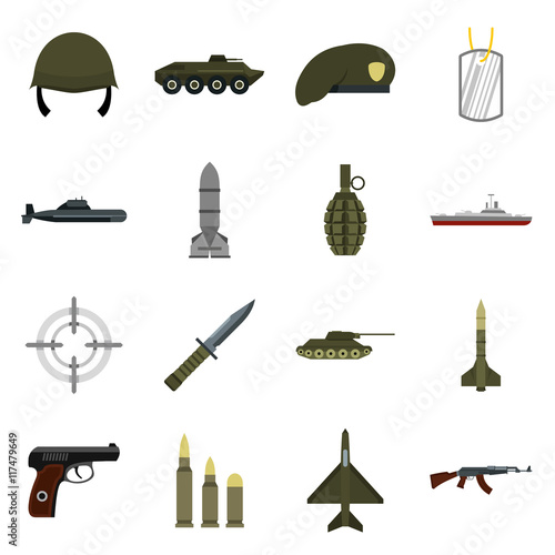 Flat military icons set. Universal military icons to use for web and mobile UI, set of basic military elements isolated vector illustration