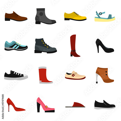 Flat shoe icons set. Universal shoe icons to use for web and mobile UI, set of basic shoe elements isolated vector illustration