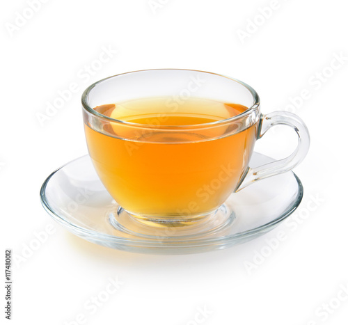 Teapot glass with tea bag isolated on a white background with clipping path. Front view.