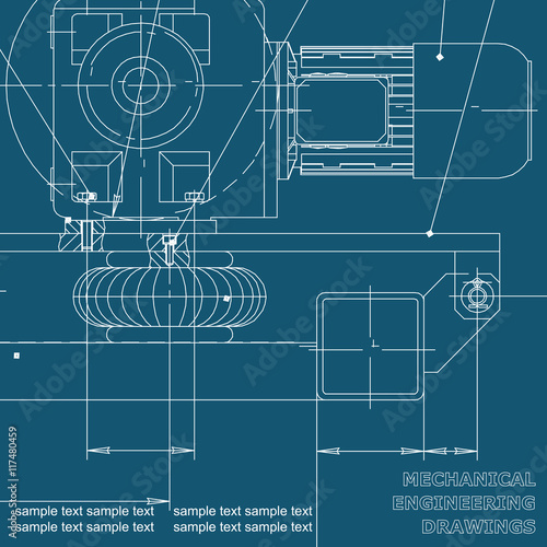 Mechanical engineering drawings on a blue background. Blueprints. Vector. Cover, background for inscriptions