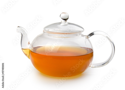 Teapot glass with tea isolated on white background with clipping path. Front view.
